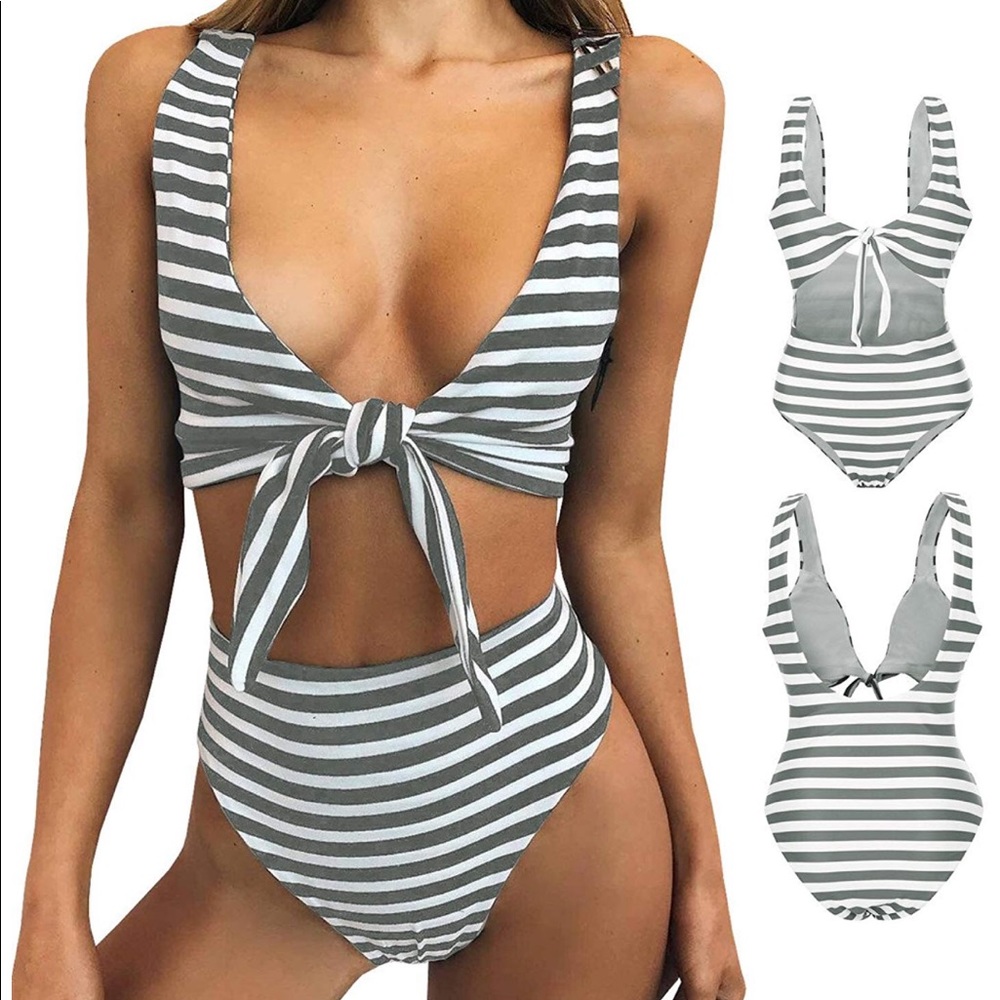 Grey striped high waist swim suit